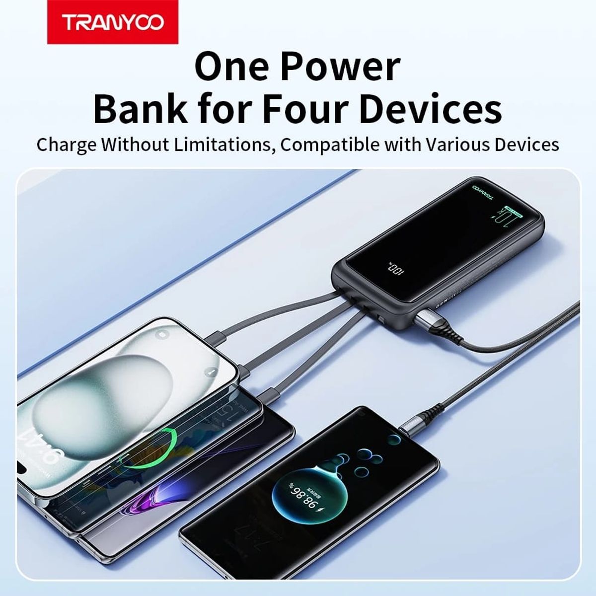 OEM - Tranyoo Power Bank 10000mAh con 4 Cables Lightning Tipo-C Carga Rápida