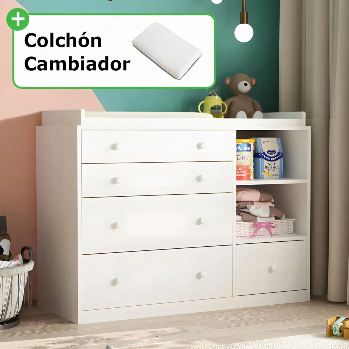 GENERICO - Cómoda Cambiador Para Bebé Amore 5 Cajones Blanco 100 cm + Colchón Huk