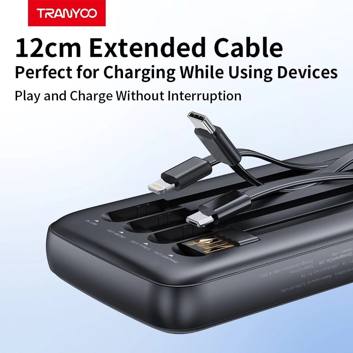 OEM - Tranyoo Power Bank 10000mAh con 4 Cables Lightning Tipo-C Carga Rápida