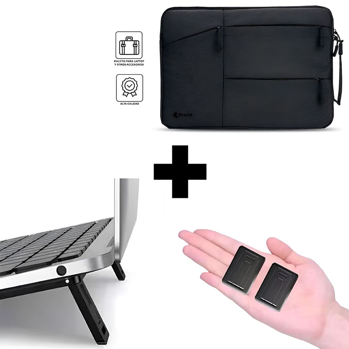 DREIZT - Combo Mini soporte plegable + Funda Porta Laptop Negro 15.6
