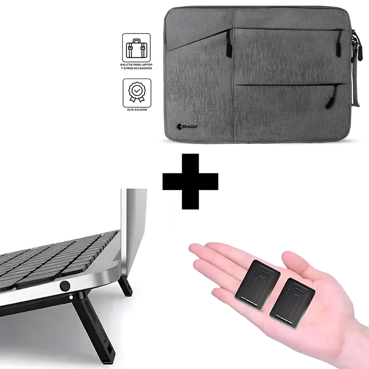 DREIZT - Combo Mini soporte plegable + Funda Porta Laptop Gris 15.6