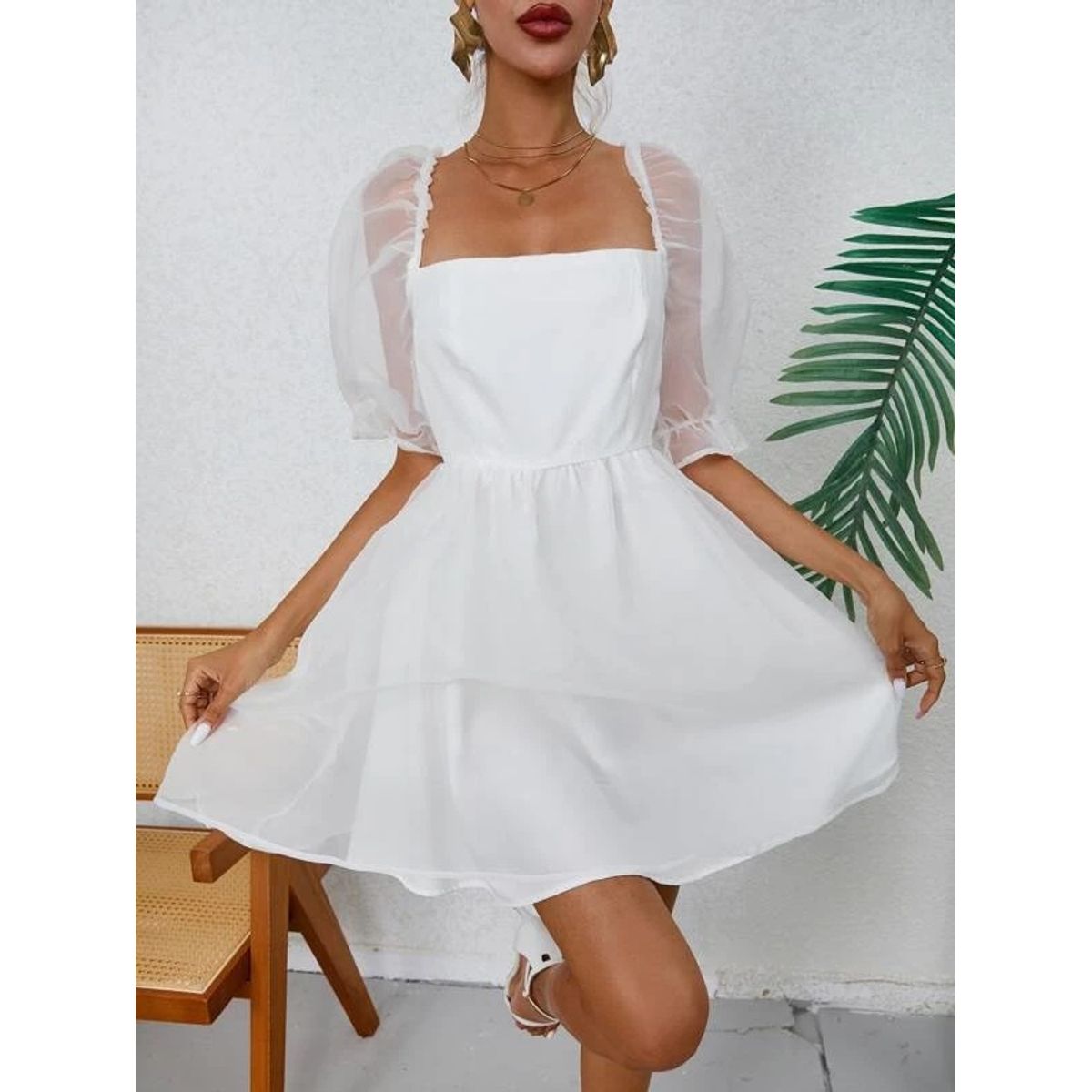 TAIS PRINCESS - Vestido fiesta blanco jovencitas cuello cuadrado manga volante