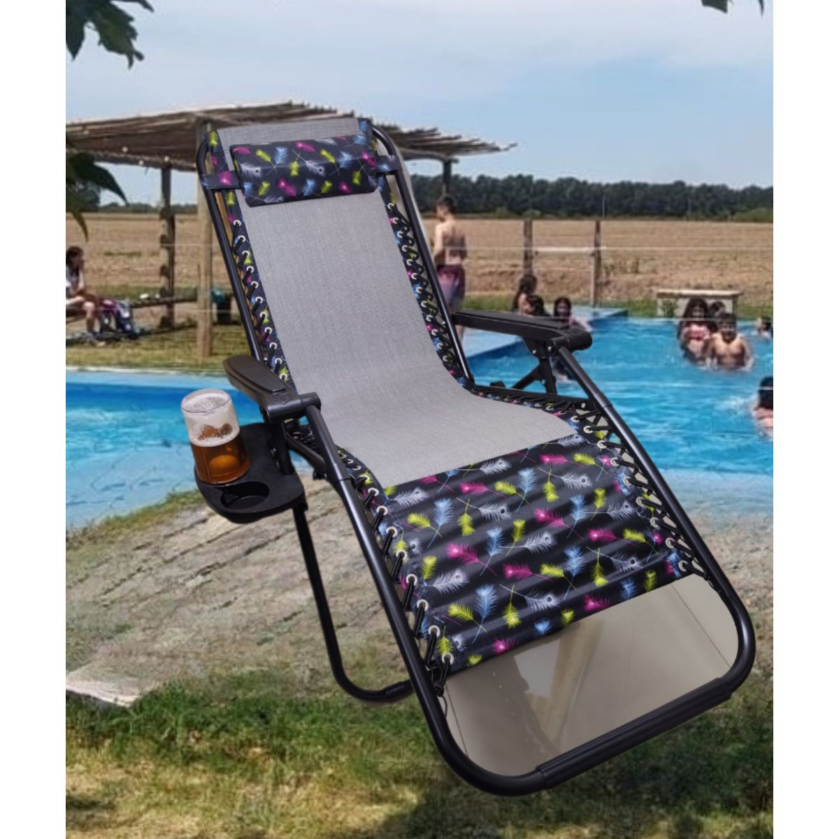 GENERICO - SILLA PLEGABLE GRAVEDAD CERO RECLINABLE PREMIUM CON BANDEJA PORTA VASO PLAYA TERRAZA JARDÍN CAMPING