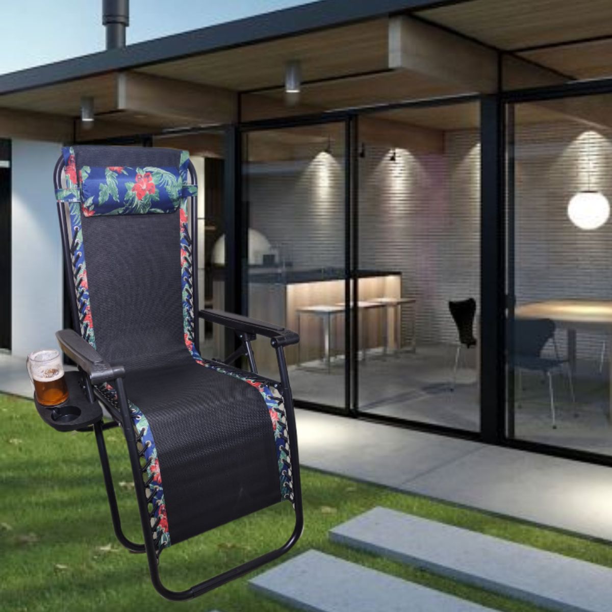 GENERICO - SILLA PLEGABLE GRAVEDAD CERO RECLINABLE PREMIUM CON BANDEJA PORTA VASO PLAYA TERRAZA JARDÍN CAMPING