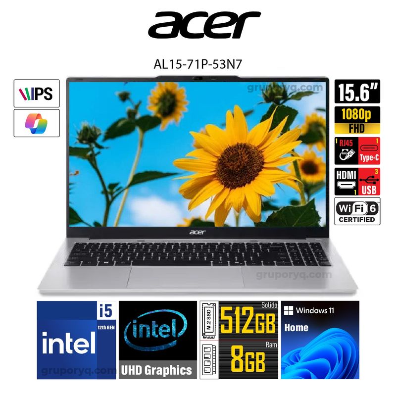 ACER - Laptop ACER AL15-71P-53N7 Intel Core i5-12450H Pantalla 156 FHD IPS 8GB 512GB Windows 11Home