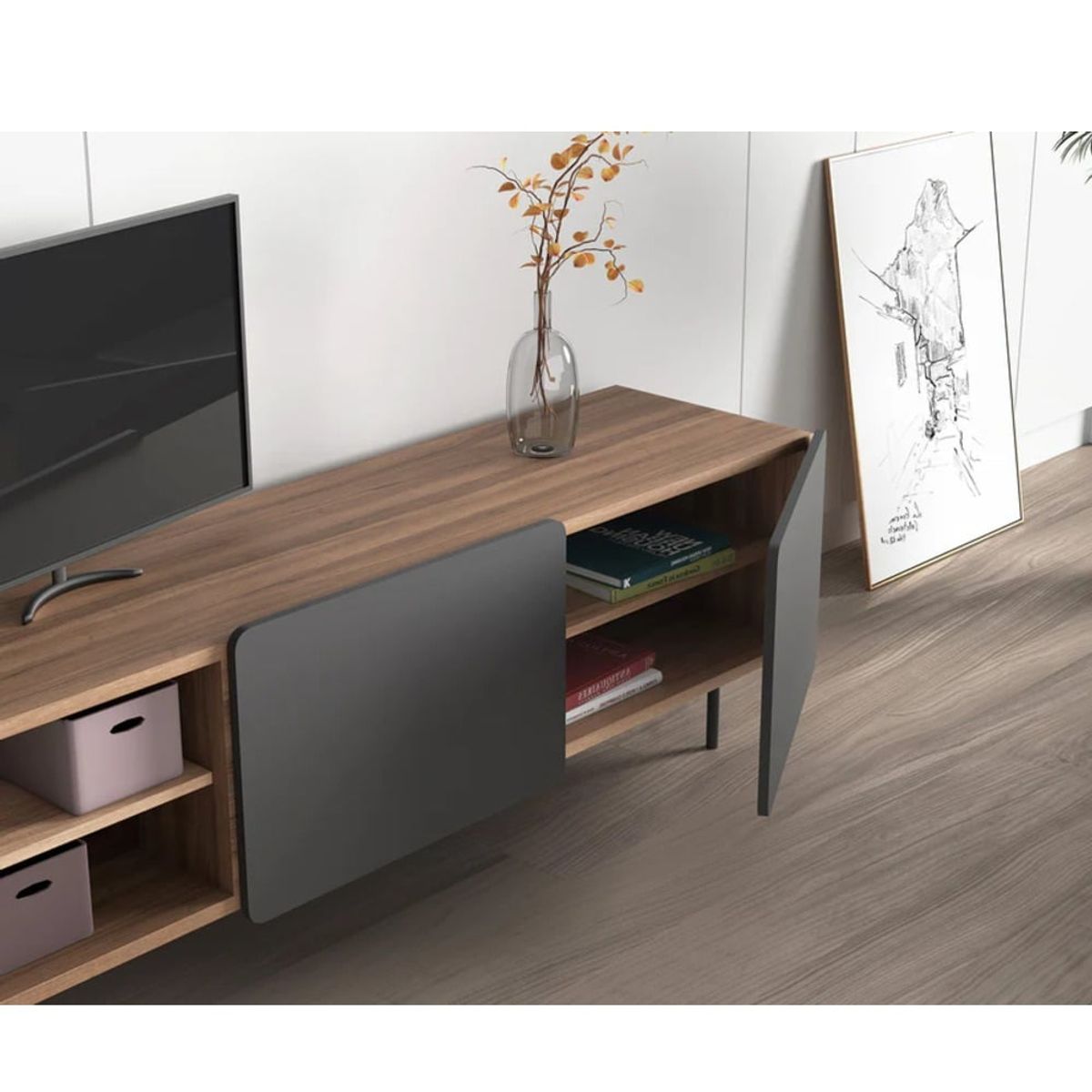 R&R MUEBLES - Mueble de TV Moderno Guille Marrón/Negro 2 Puertas R&R MUEBLES