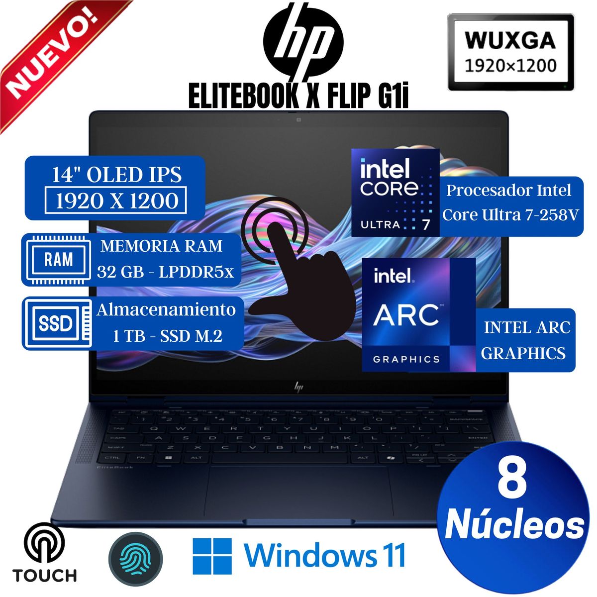 HP - Laptop HP Elitebook X Flip G1i 14” WUXGA Táctil, Core Ultra 7-258V, Ram 32GB, Ssd 1 TB, Win 11 Pro