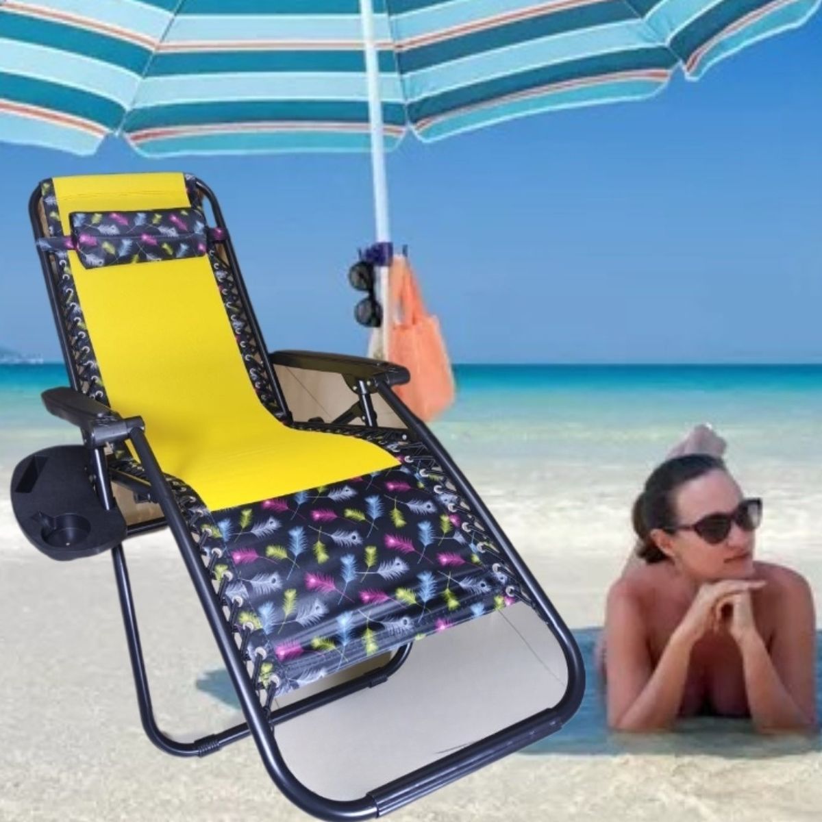 GENERICO - SILLA PLEGABLE GRAVEDAD CERO RECLINABLE PREMIUM CON BANDEJA PORTA VASO PLAYA TERRAZA JARDÍN CAMPING