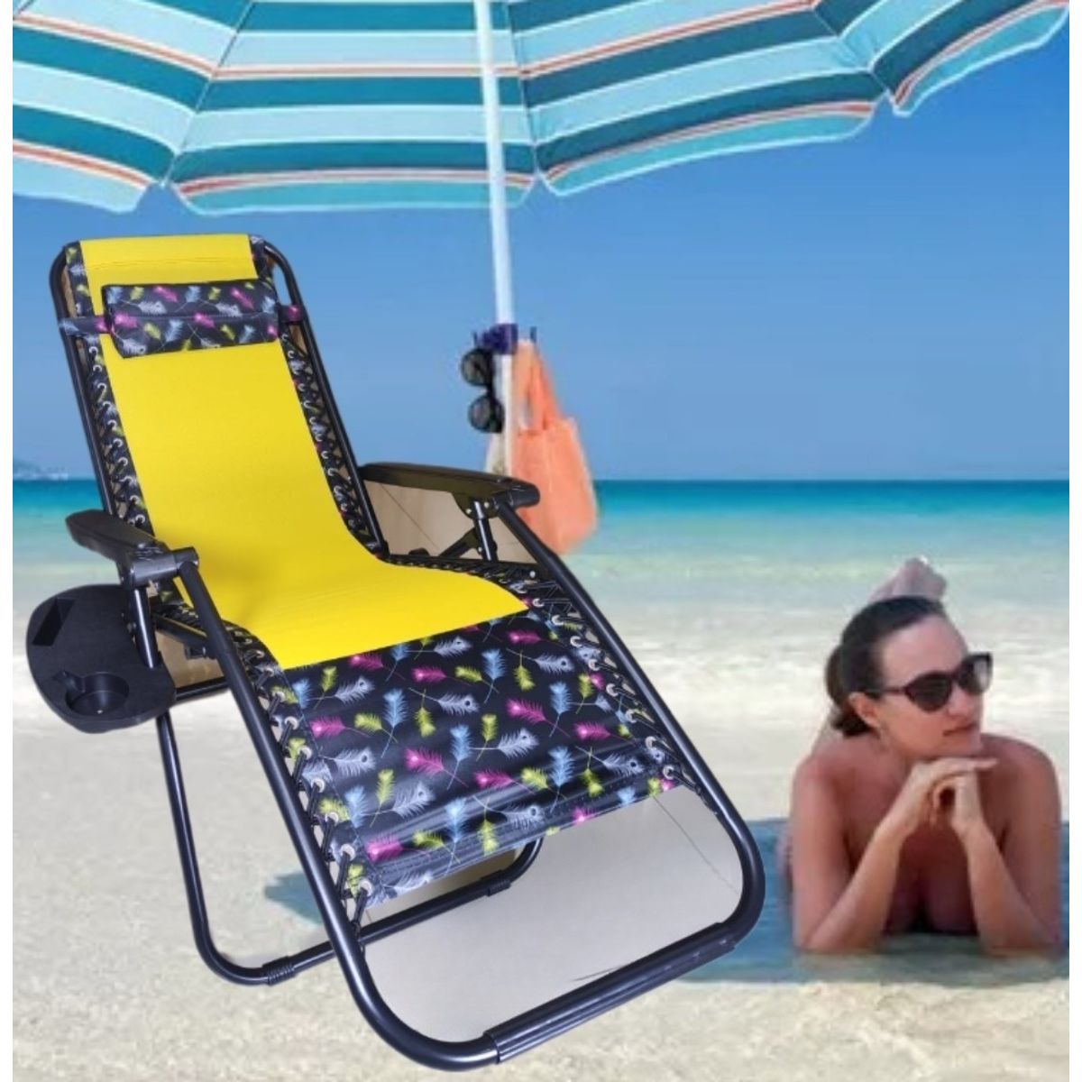 GENERICO - SILLA PLEGABLE GRAVEDAD CERO RECLINABLE PREMIUM CON BANDEJA PORTA VASO PLAYA TERRAZA JARDÍN CAMPING