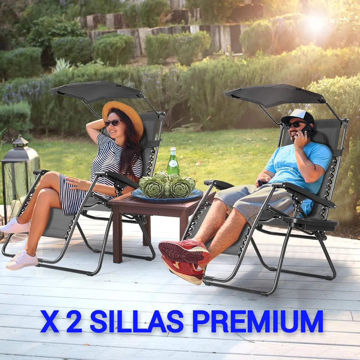 GENERICO - 2 SILLA PLEGABLE GRAVEDAD CERO RECLINABLE PLAYA TERRAZA JARDÍN CAMPING CON SOMBRILLA BANDEJA PREMIUM