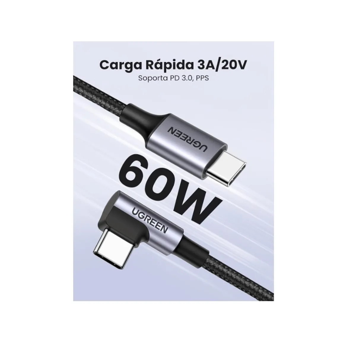 UGREEN - Cable USB-C a USB-C 90 Grados 2M 60W PD Carga Rápida 3A Ugreen