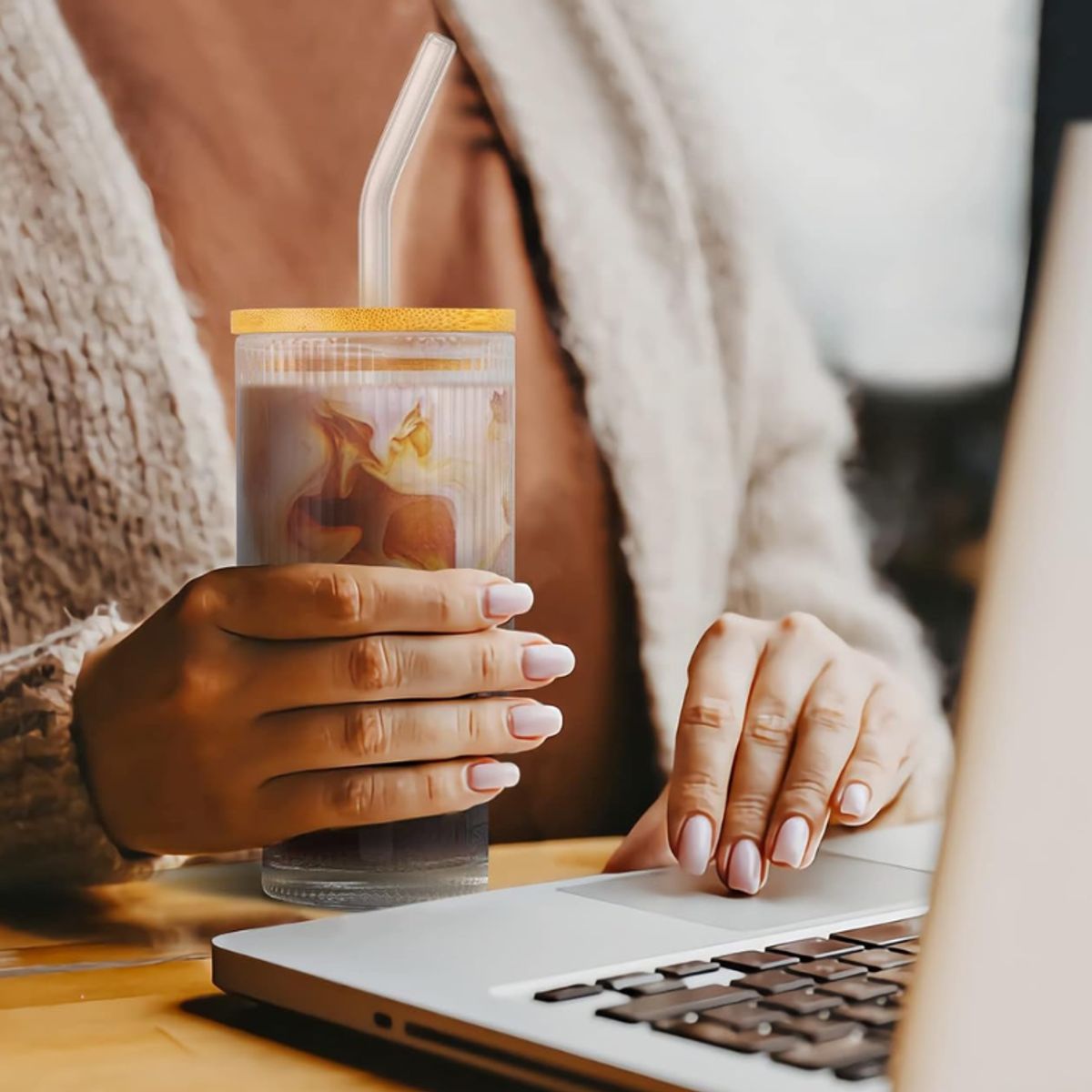 GENERICO - Vaso romántico para bebida con Tapa de Bambú 320 ml