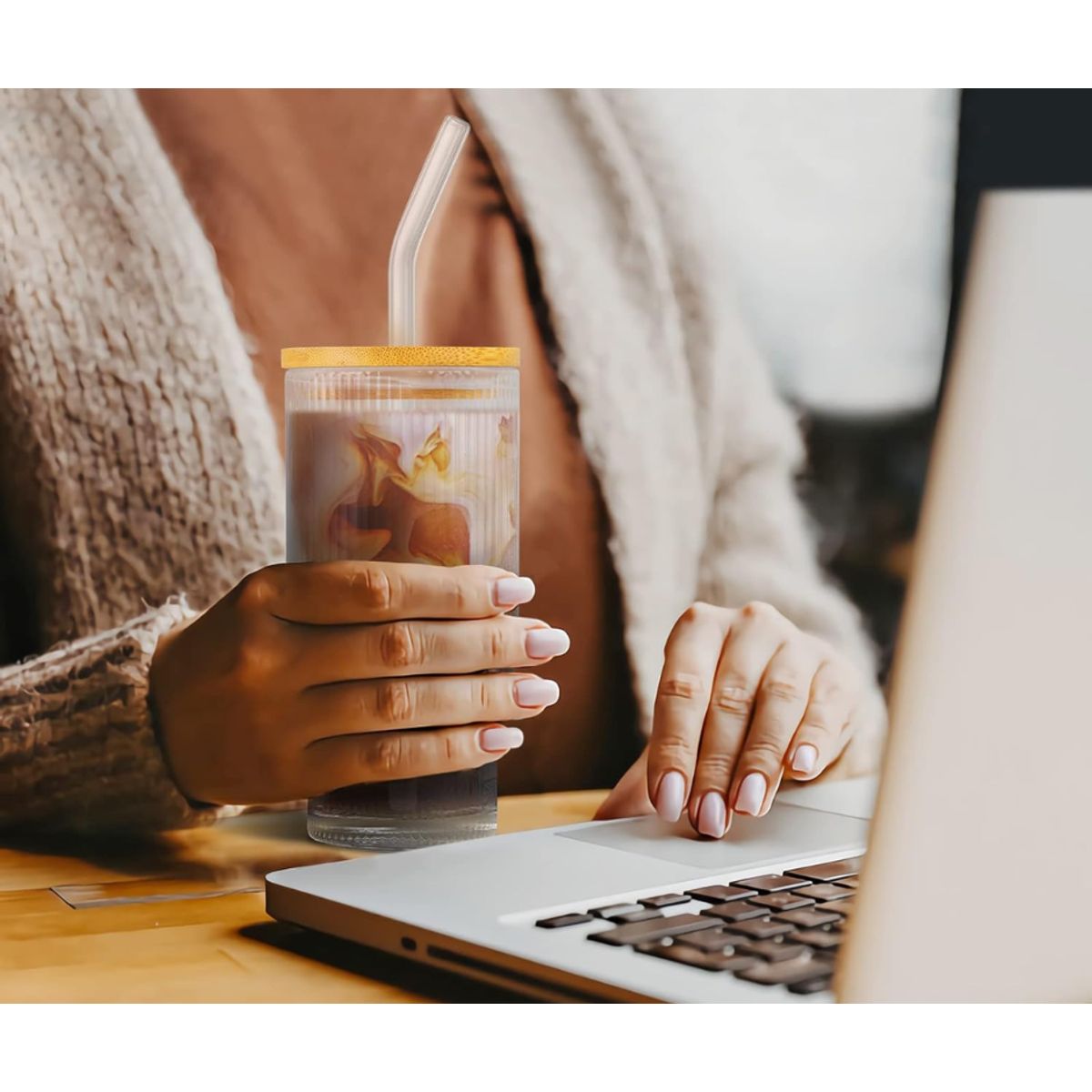 GENERICO - Vaso romántico para bebida con Tapa de Bambú 320 ml