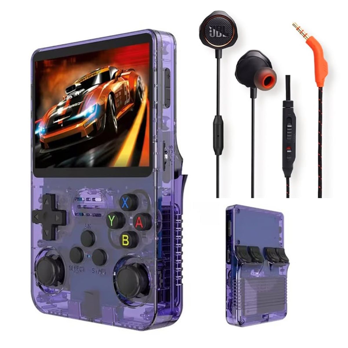 JBL - Consola de videojuegos Retro R36S Morado y Audifonos JBL Quantum 50
