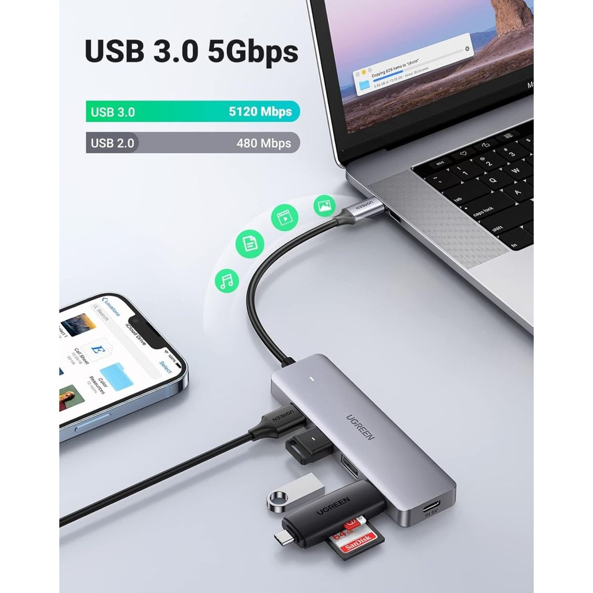 UGREEN - Adaptador Hub UGREEN USB Tipo C de 4 Puertos USB 3.0 (CM219 - 70336)