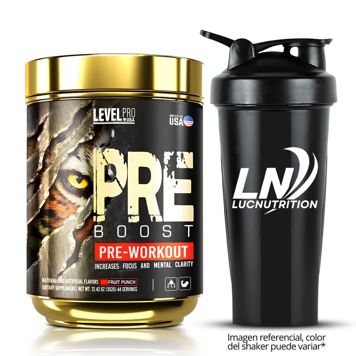 LEVEL PRO - Pre Boost Pre Workout 44 servicios - Level Pro Fruit punch + Shaker