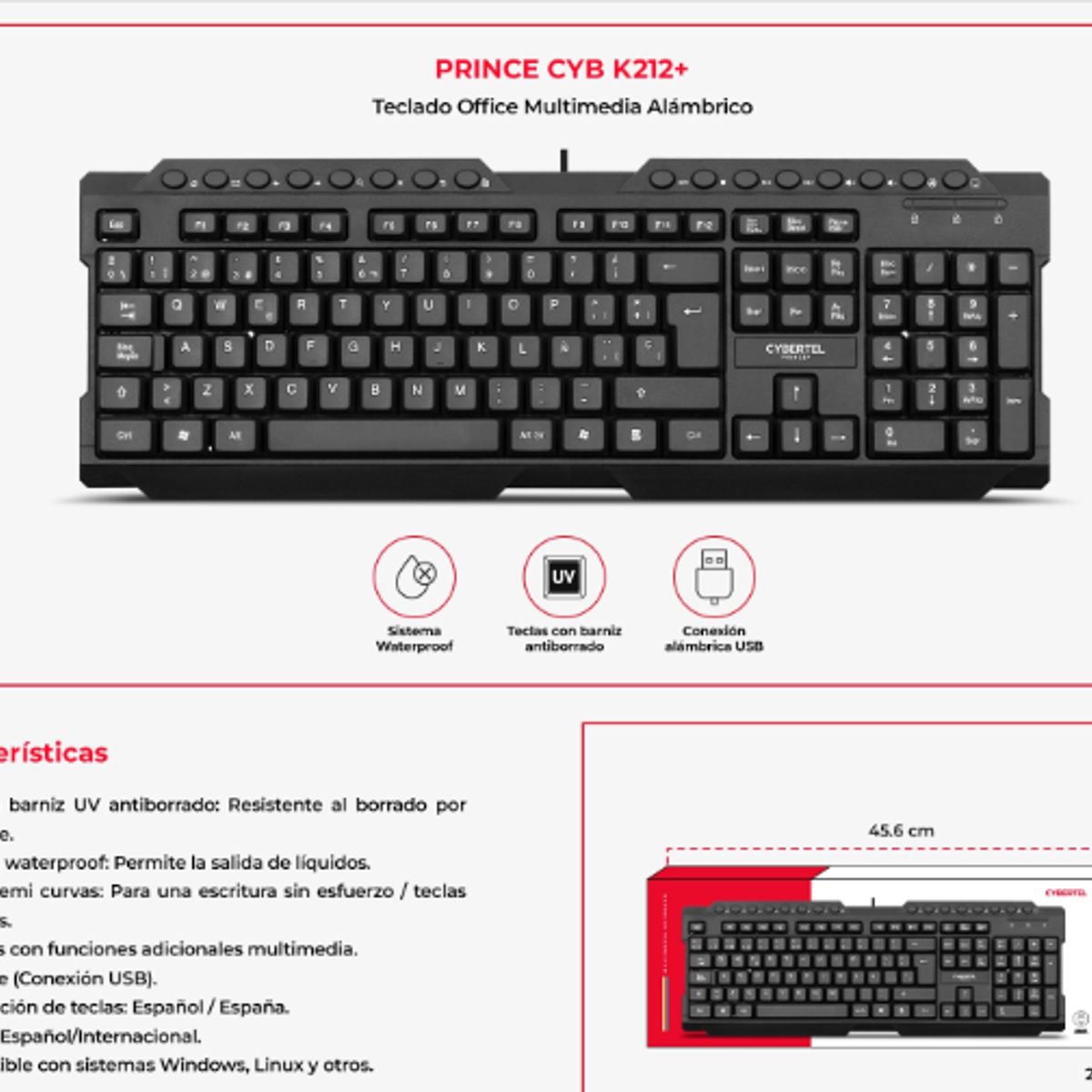 CYBERTEL - Teclado Multimedia PRINCE BLACK CYB K212+ USB T SEMICURVAS CYBERTEL