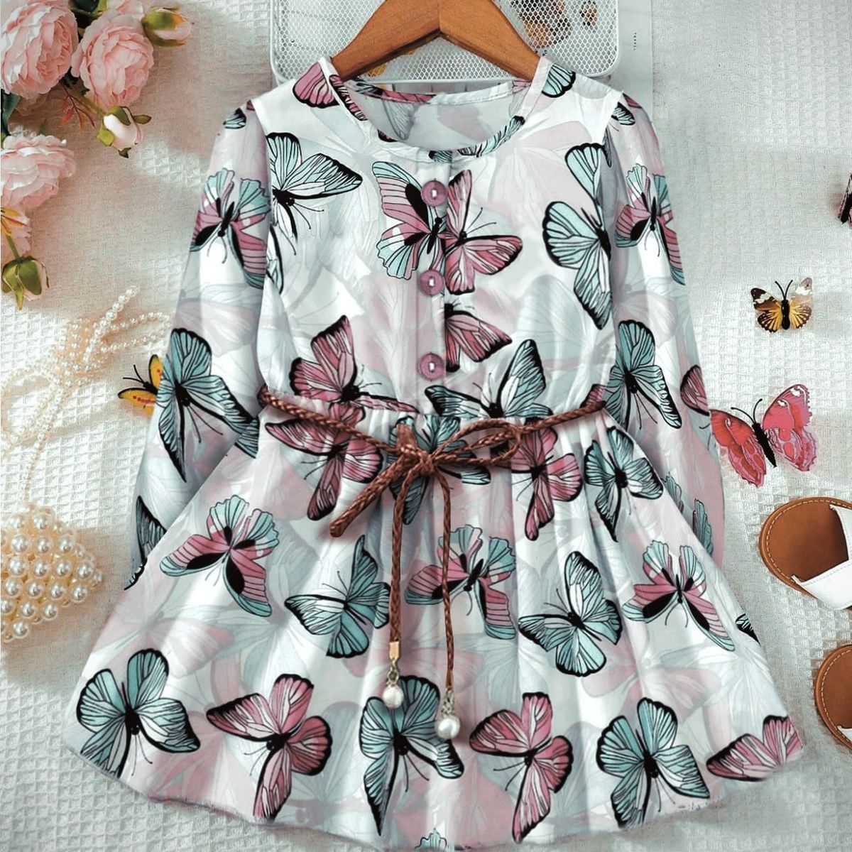 GENERICO - Vestido Multicolor Mariposas manga larga con correa