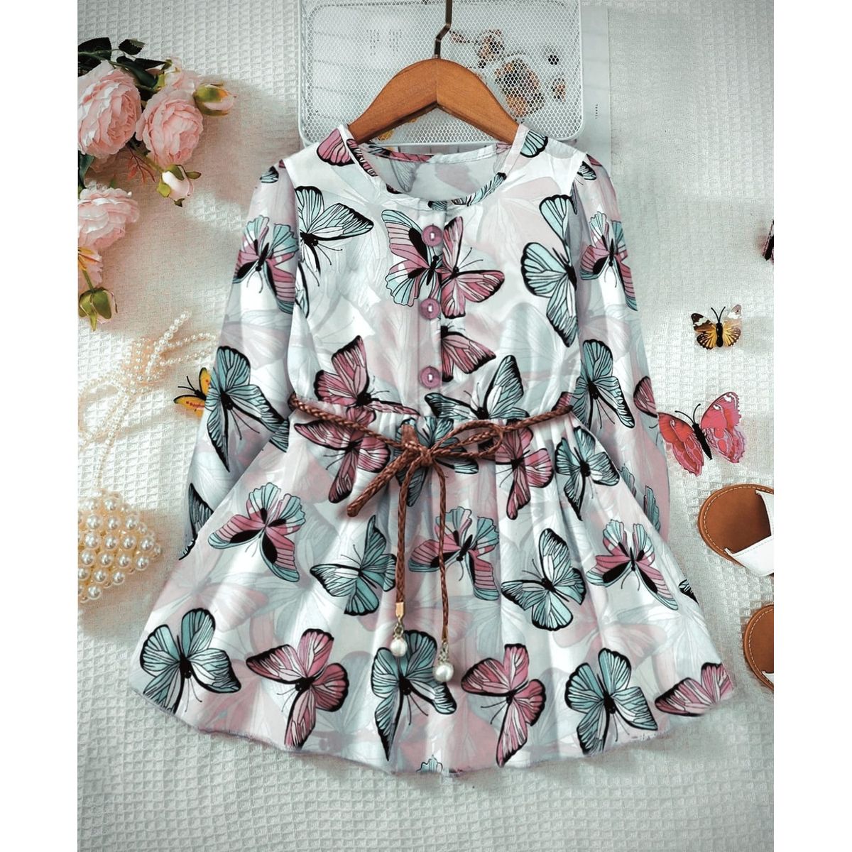 GENERICO - Vestido Multicolor Mariposas manga larga con correa