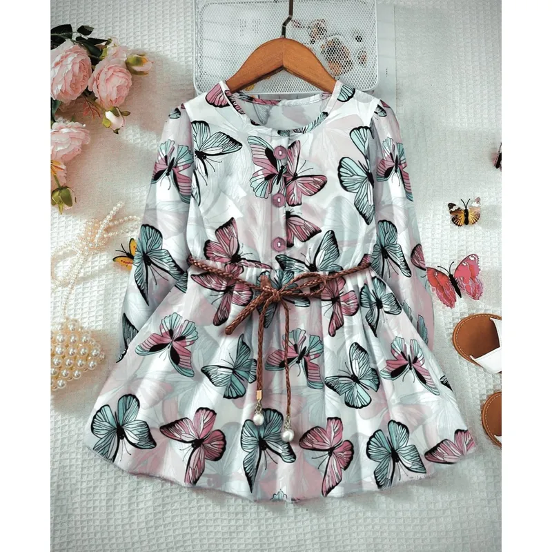 GENERICO - Vestido Multicolor Mariposas manga larga con correa