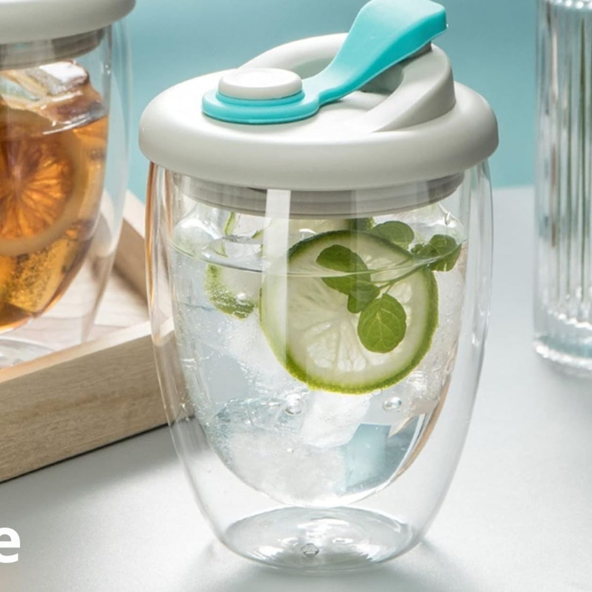 GENERICO - Vaso doble pared con Tapa celeste de silicona 350 ml