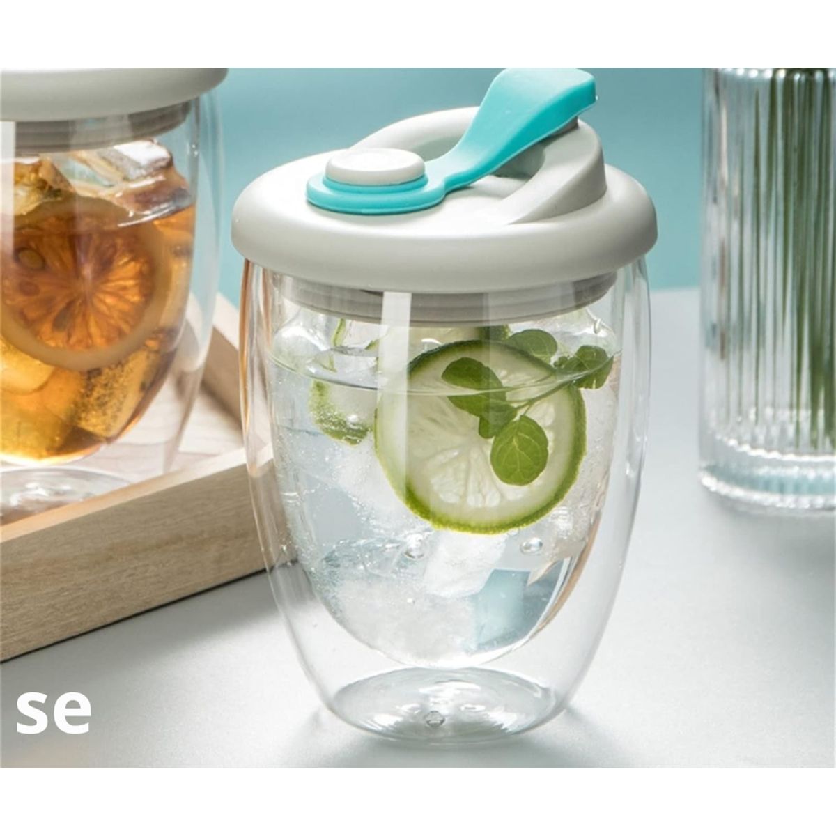 GENERICO - Vaso doble pared con Tapa celeste de silicona 350 ml