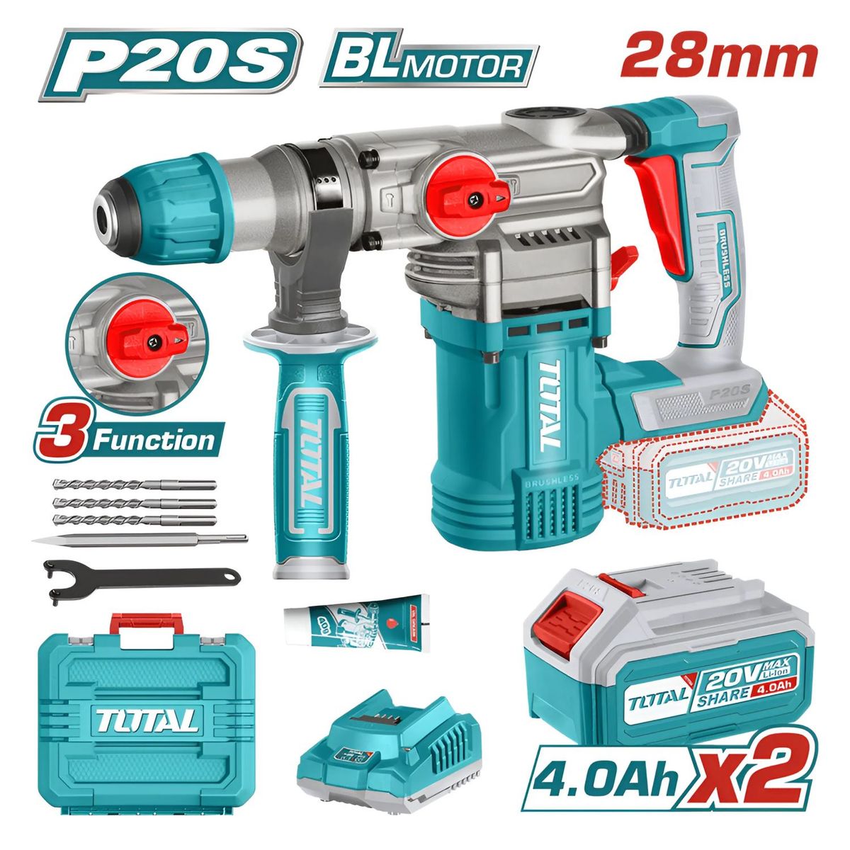TOTAL TOOLS - Rotomartillo Sds+28mm BL 20v-3funciones Industrial - TRHLI202882