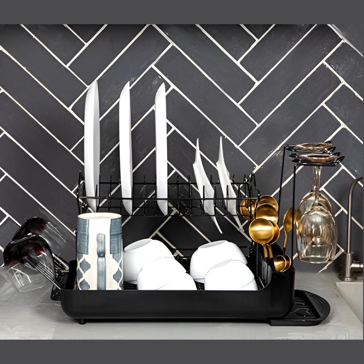 ELMEJORPRECIO - Escurridor de 2 Niveles con Soporte para Copas Modelo Pinpin Negro