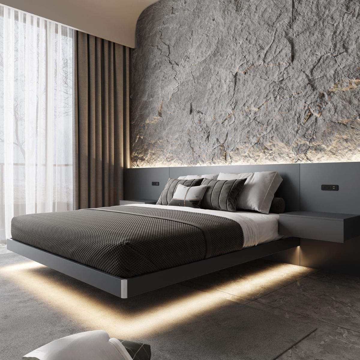 GENERICO - Cama Melamina Cuneo + Cabecera + 2 veladores - Negro