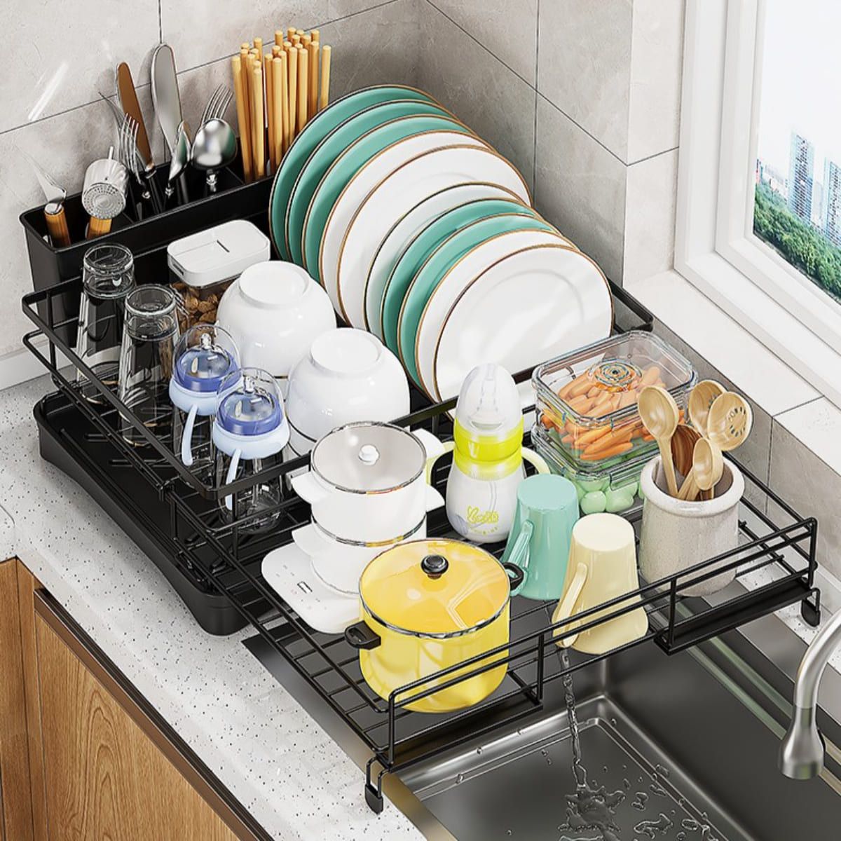 ELMEJORPRECIO - Escurridor De Platos Extensible Con Drenaje Directo Rose