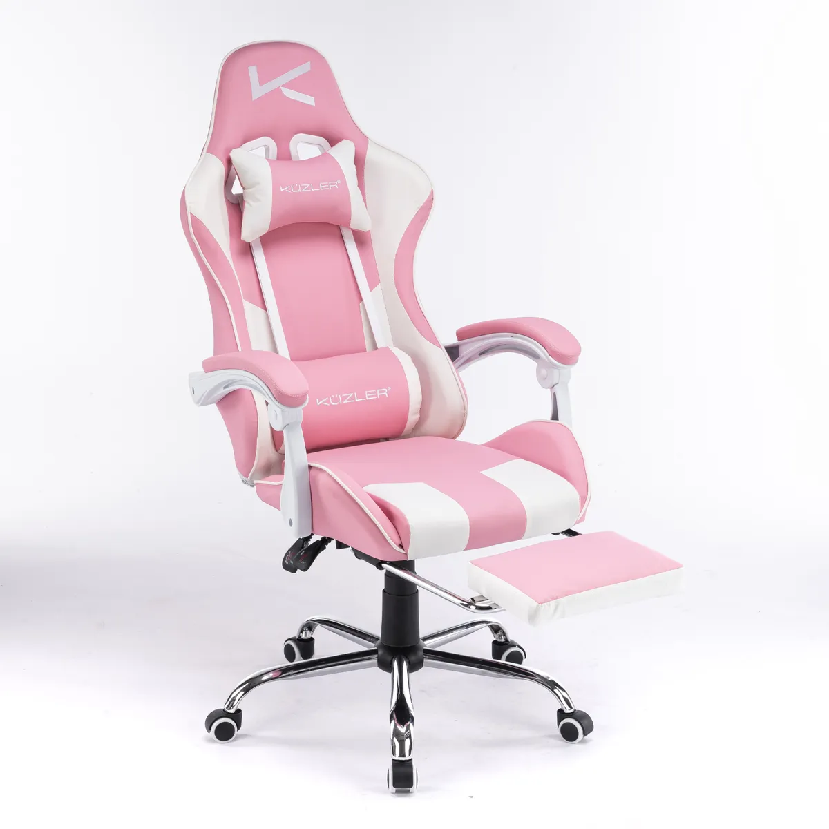 KUZLER - Silla Gamer Kuzler Rosa Masajeador Lumbar Reposapiés y Base Metálica RIK-101R