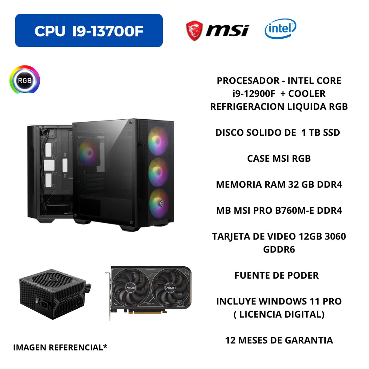GCS - PC GAMER INTEL  I9-12900F, RAM 32 GB DDR4 RGB , 1 TB SSD, TARJETA  VIDEO RTX 12 GB