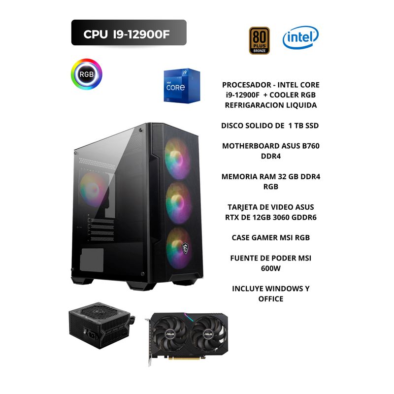 MSI - PC GAMER INTEL  I9-12900F, RAM 32 GB DDR4 RGB , 1 TB SSD, TARJETA  VIDEO RTX 12 GB