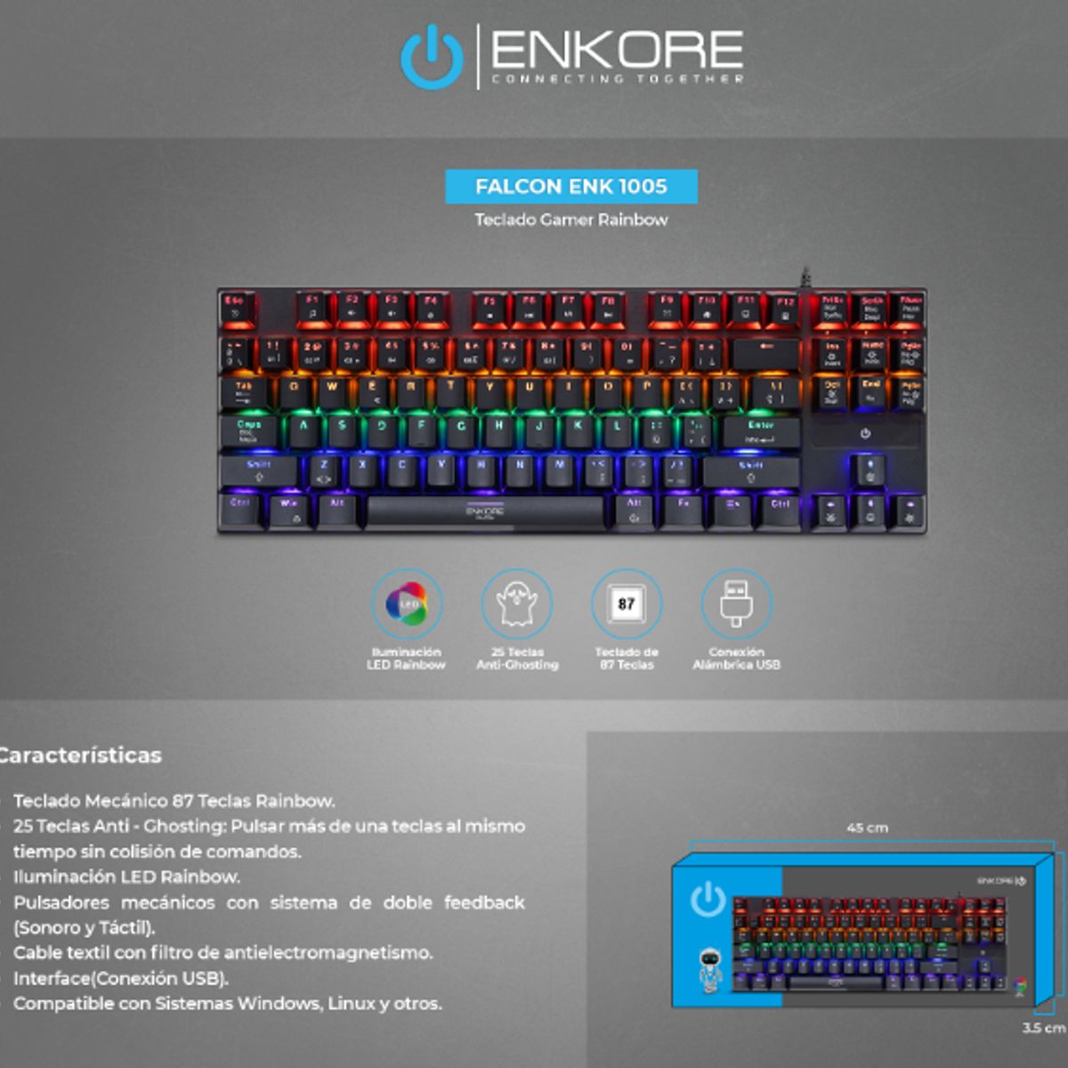 ENKORE - Teclado Gamer Mecanico FALCON 87 ENK1005 USB RAINBOW ENKORE