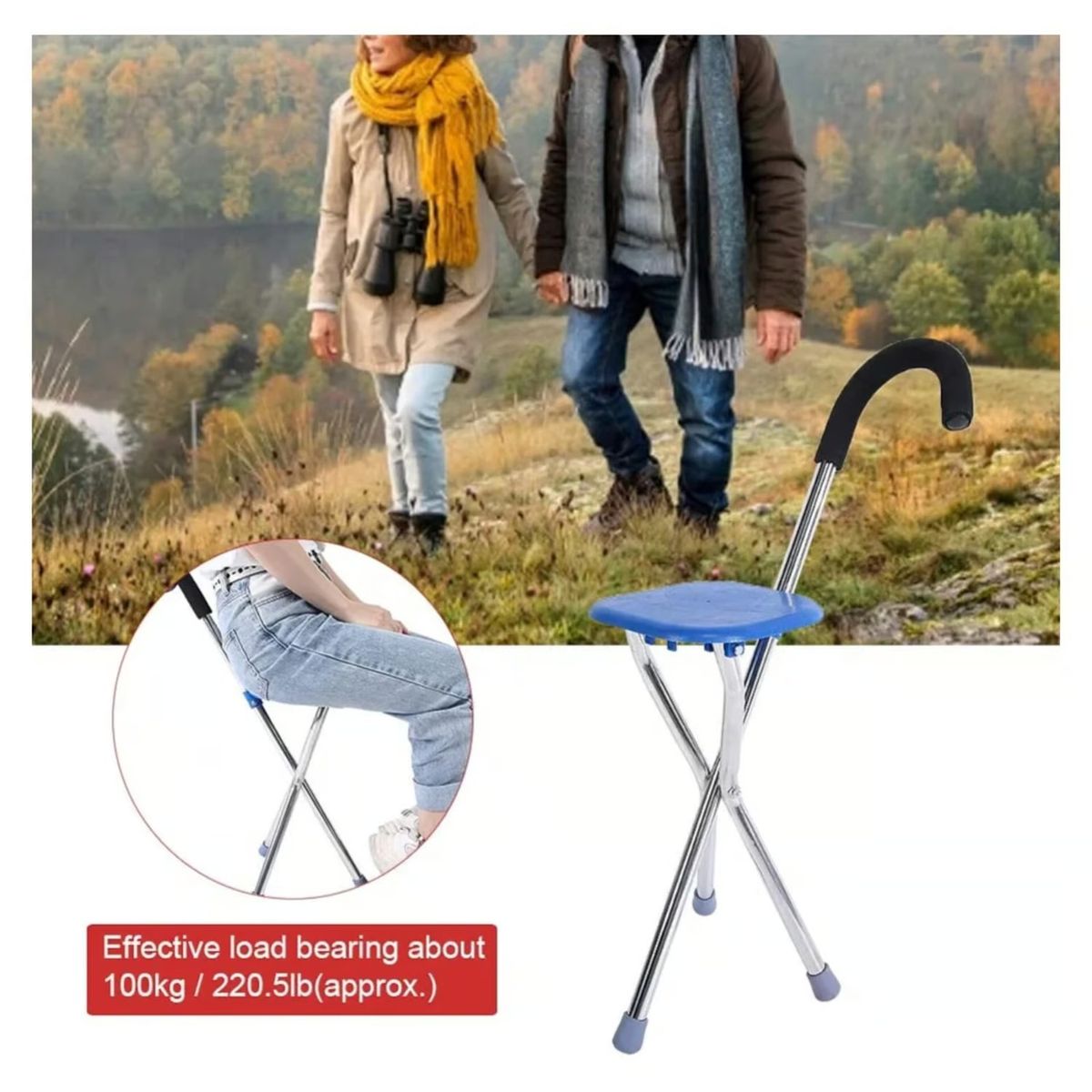 OEM - Baston Plegable Portatil Ajustable Con Asiento De Apoyo UNISEX