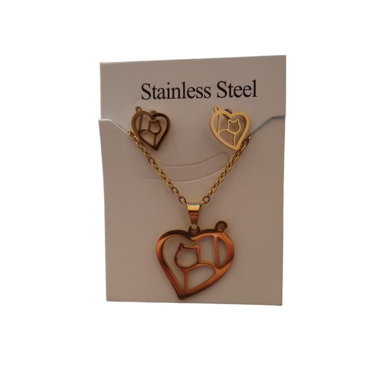 GENERICO - Set collar y aretes gato corazón dorado catlover