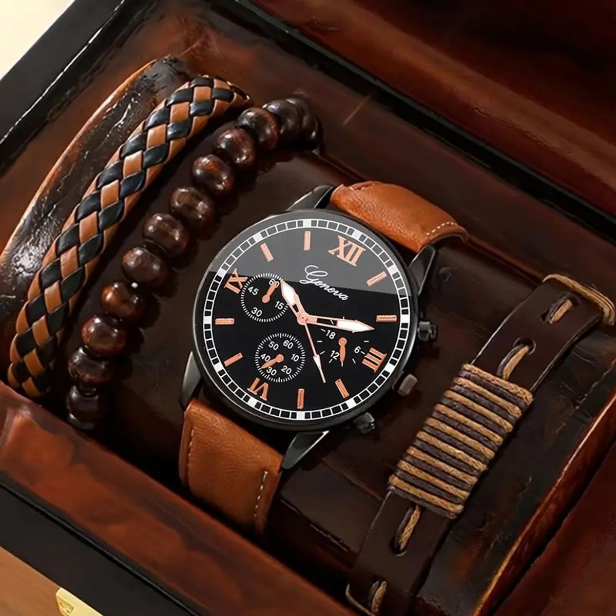 GENERICO - Reloj de Cuarzo Genova Deportivo + 3 Pulseras Urbano Hombre Cuero Sintetico