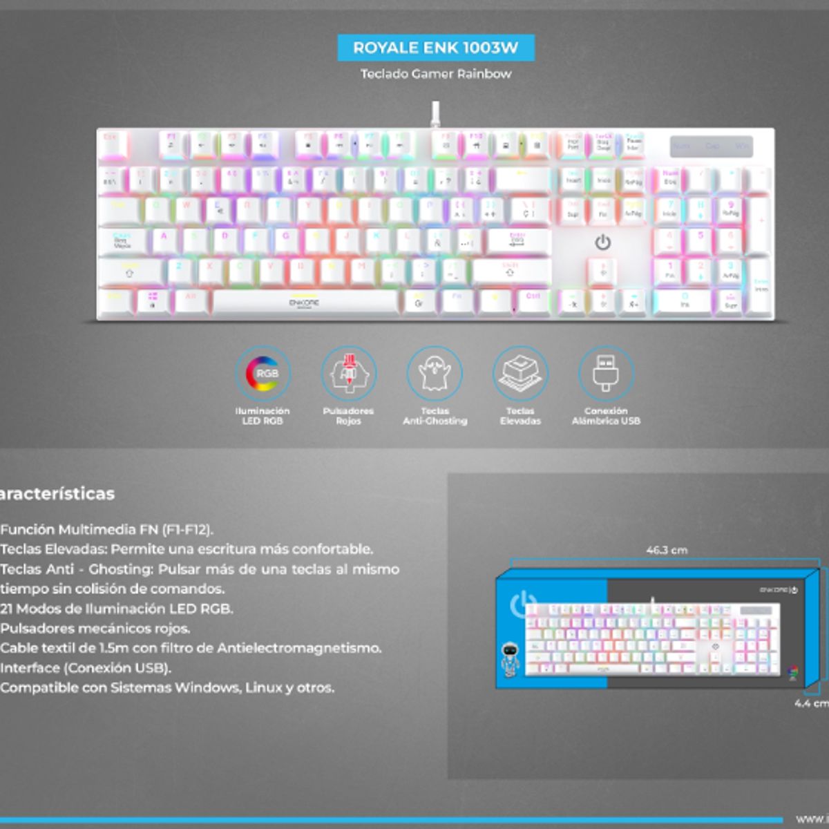 ENKORE - Teclado Gamer Mecanico ROYALE ENK1003w WHITE RGB USB ENKORE