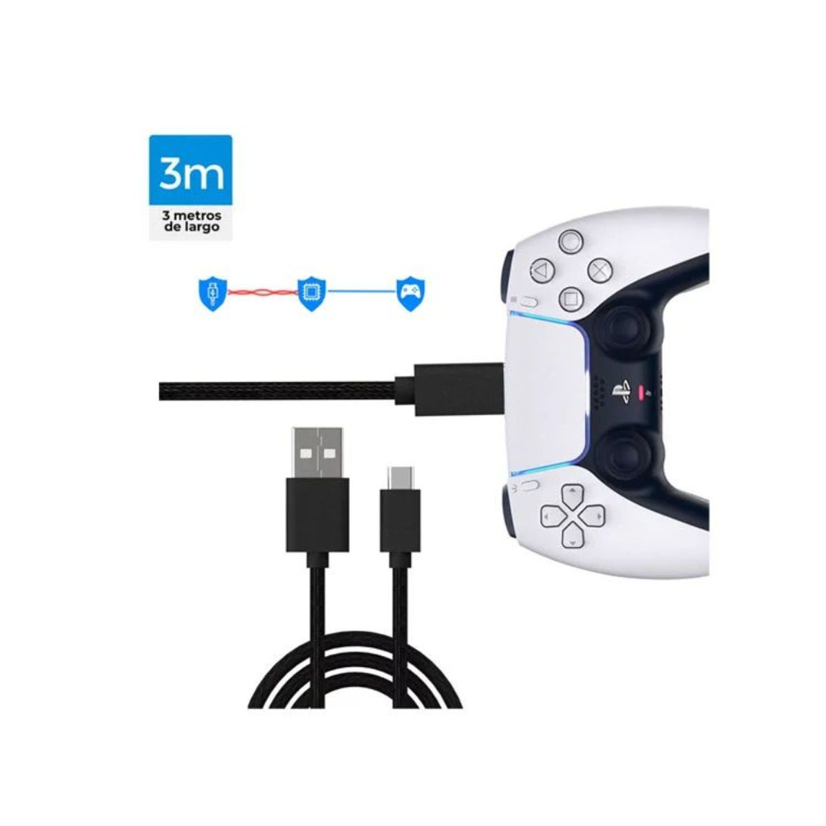 SEISA - Cable de Carga y Datos 3 Metros para Mando PS5, Xbox X/S, Switch