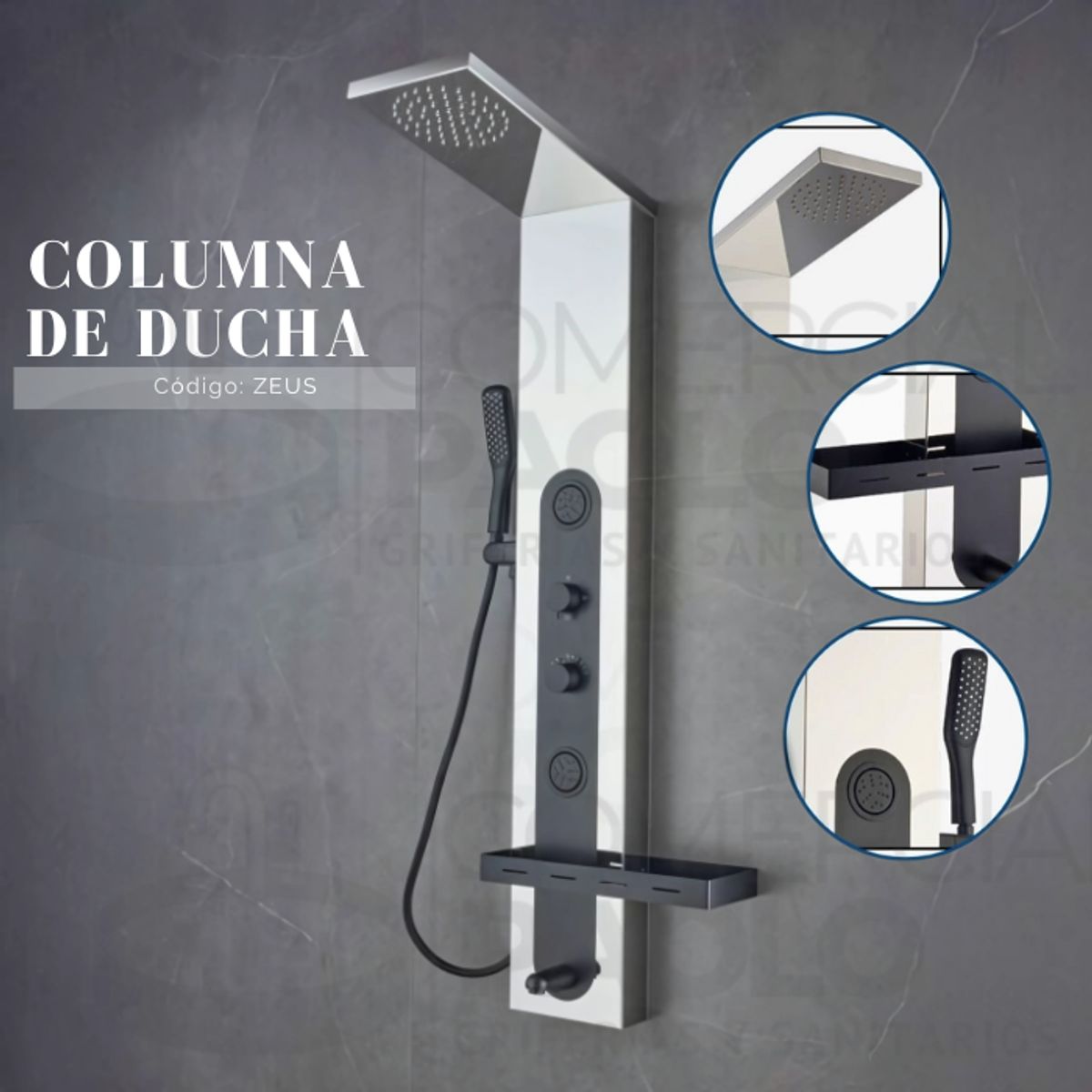 GENERICO - COLUMA DE DUCHA CON ESPEJO LUZ LED CROMADO CON NEGRO