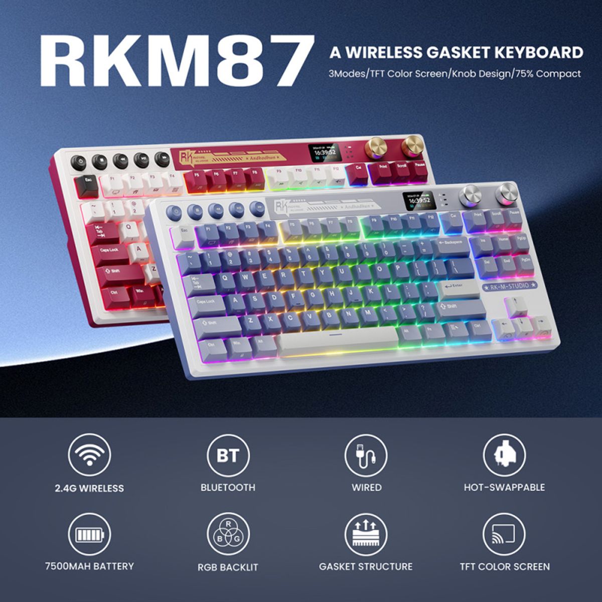 ROYAL KLUDGE - Teclado Mecánico Inalámbrico Español Royal Kludge M87 Azul Océano