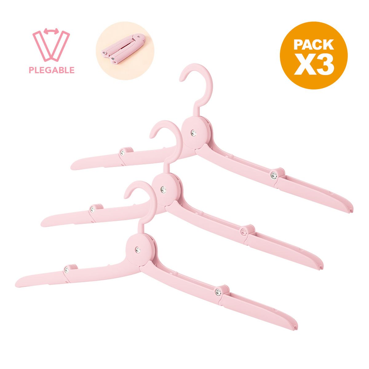 KELLER - Pack x3 Gancho Colgador de Ropa Plegable Rosado AJ9