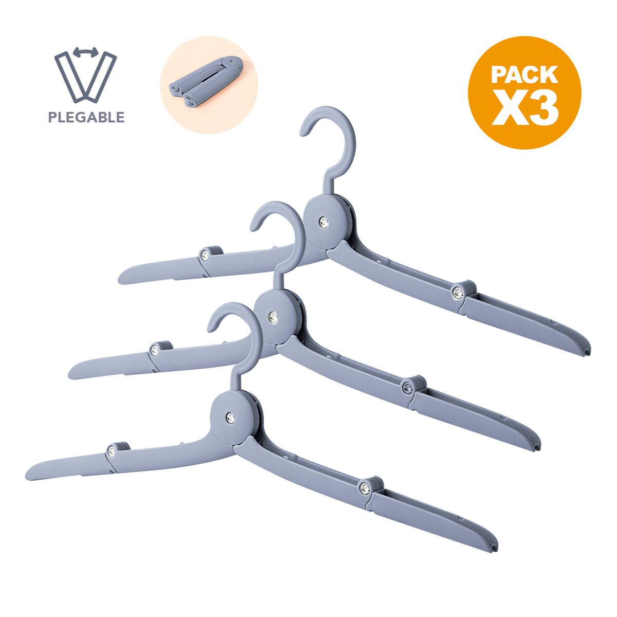 KELLER - Pack x3 Gancho Colgador de Ropa Plegable Plomo AJ9