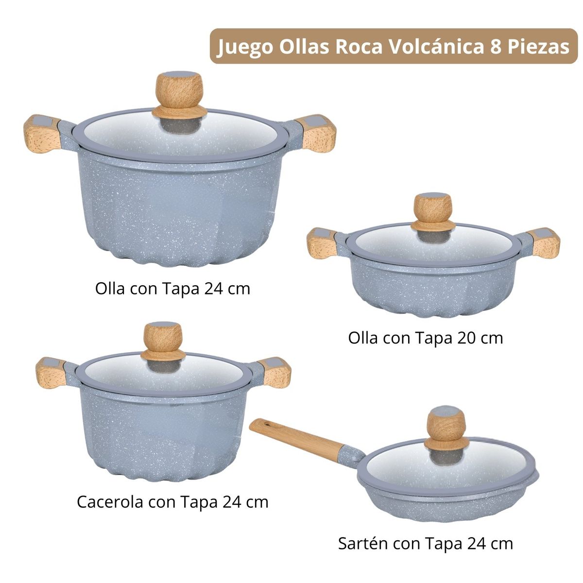 KITCHENHOFF - Juego de Ollas Gris de Roca Volcánica 8 Piezas