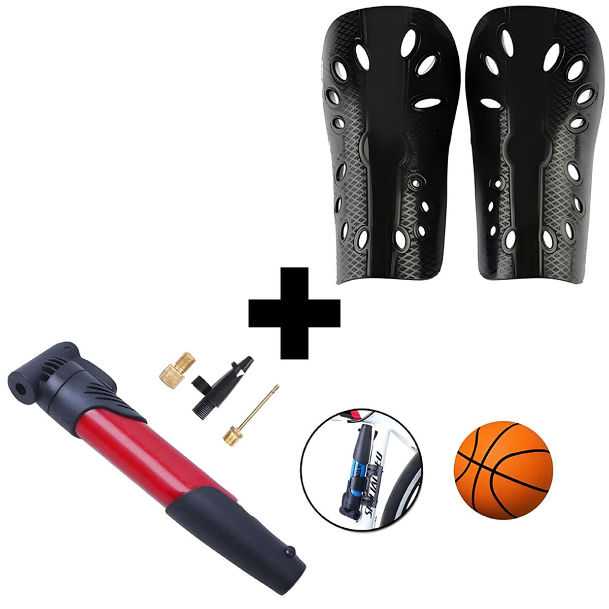 GENERICO - Combo canilleras futbol adulto + inflador bicicleta rojo