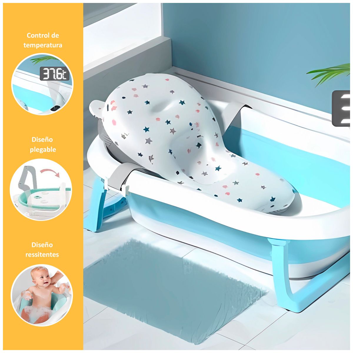 GENERICO - Bañera para Bebes con Medidor de Temperatura Celeste