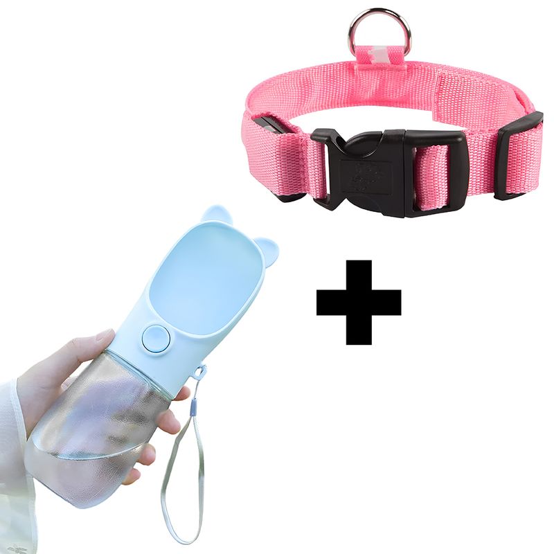 GENERICO - Bebedero dispensador de agua  + Collar con luces Rosado