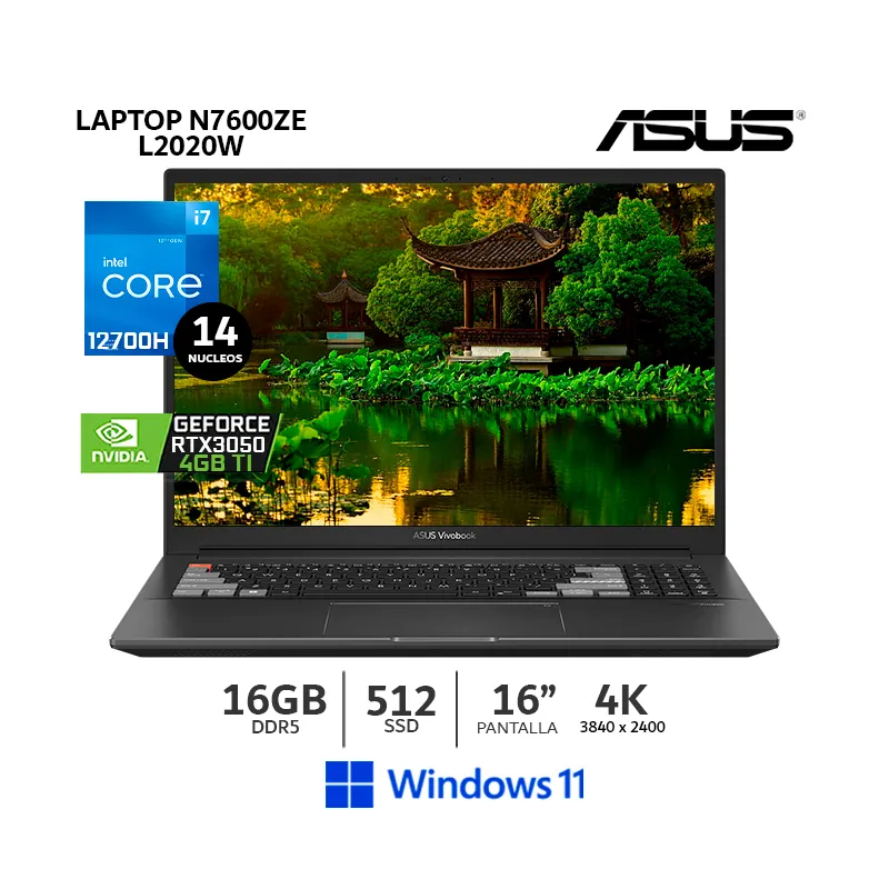 ASUS - Laptop ASUS N7600ZE-L2020W I7-12700H16Gb RAM 512Gb SSD VIDEO RTX-3050TI 4GBPANTALLA 16 WQUXGA - CSI