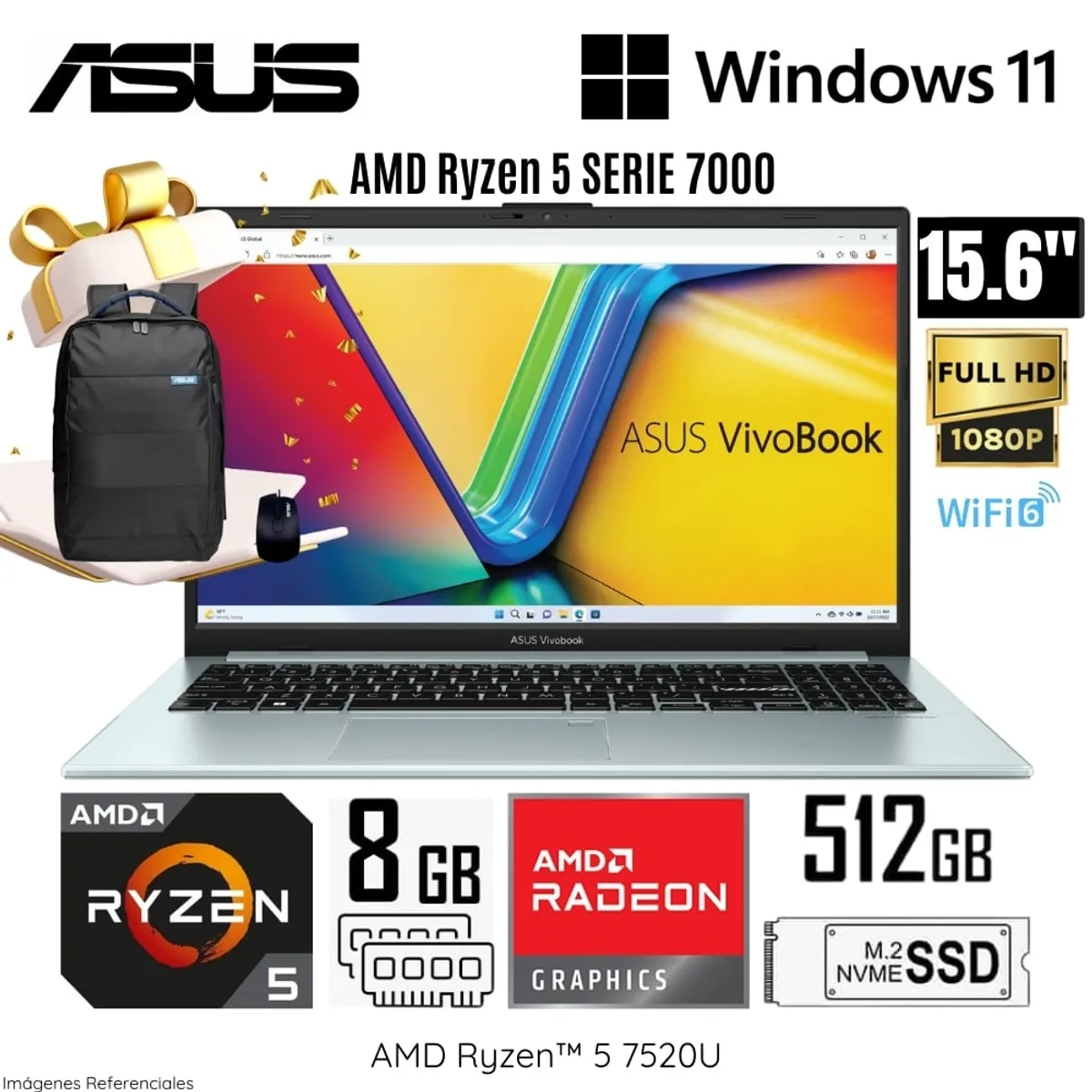 ASUS - Laptop Asus VivaBook Go 15 E1504FA AMD Ryzen 5 7520U 8GB RAM 512GB RAM 15.6"  FHD + Mochila y Mouse