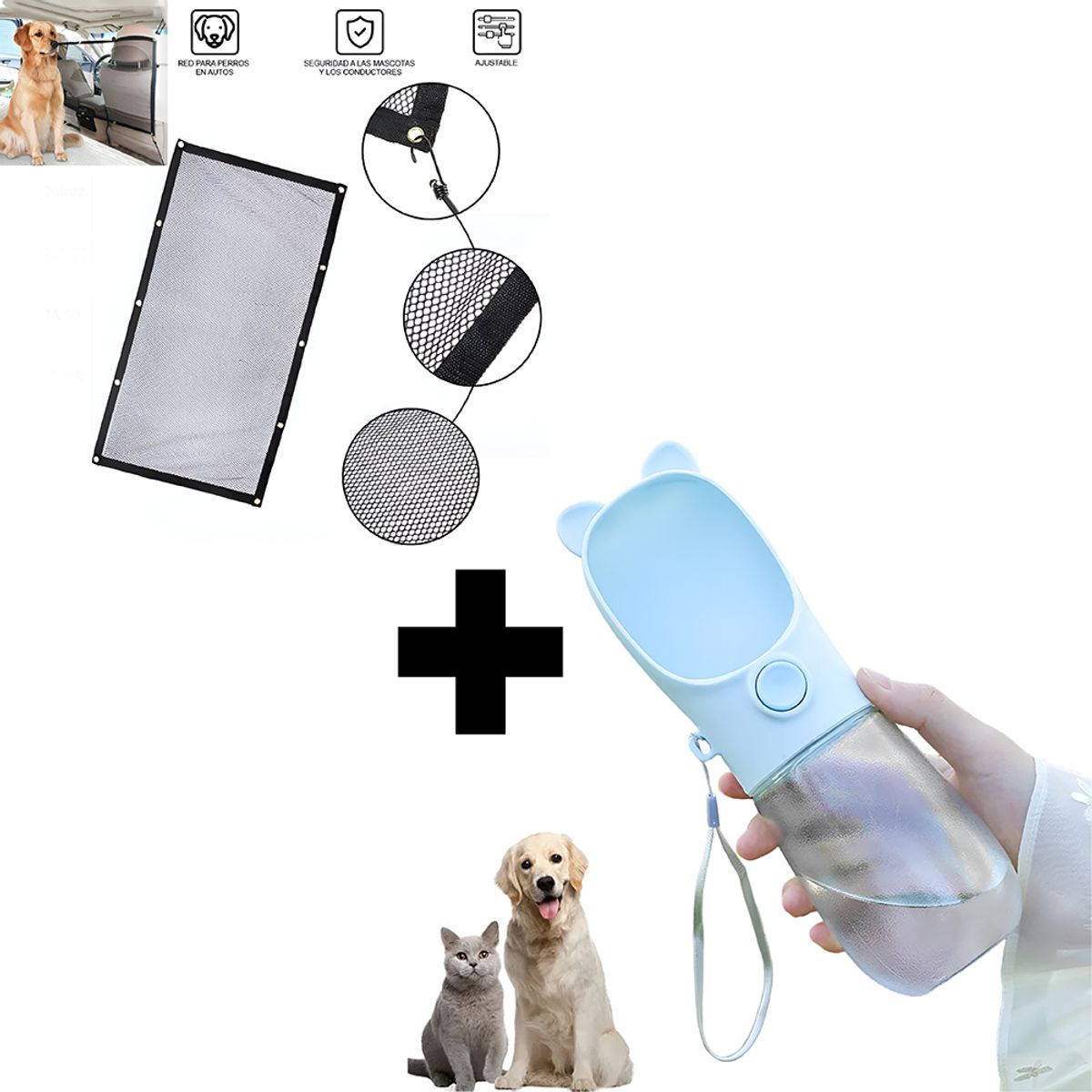 GENERICO - Malla Seguridad Perros para Auto + bebedero dispensador azul